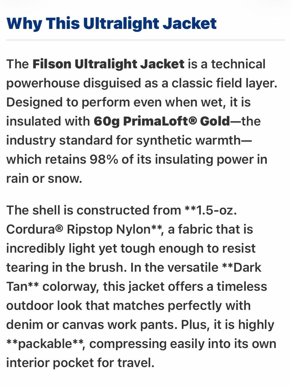 FILSON Ultralight Primaloft Jacket. Size M - Picture 11 of 12
